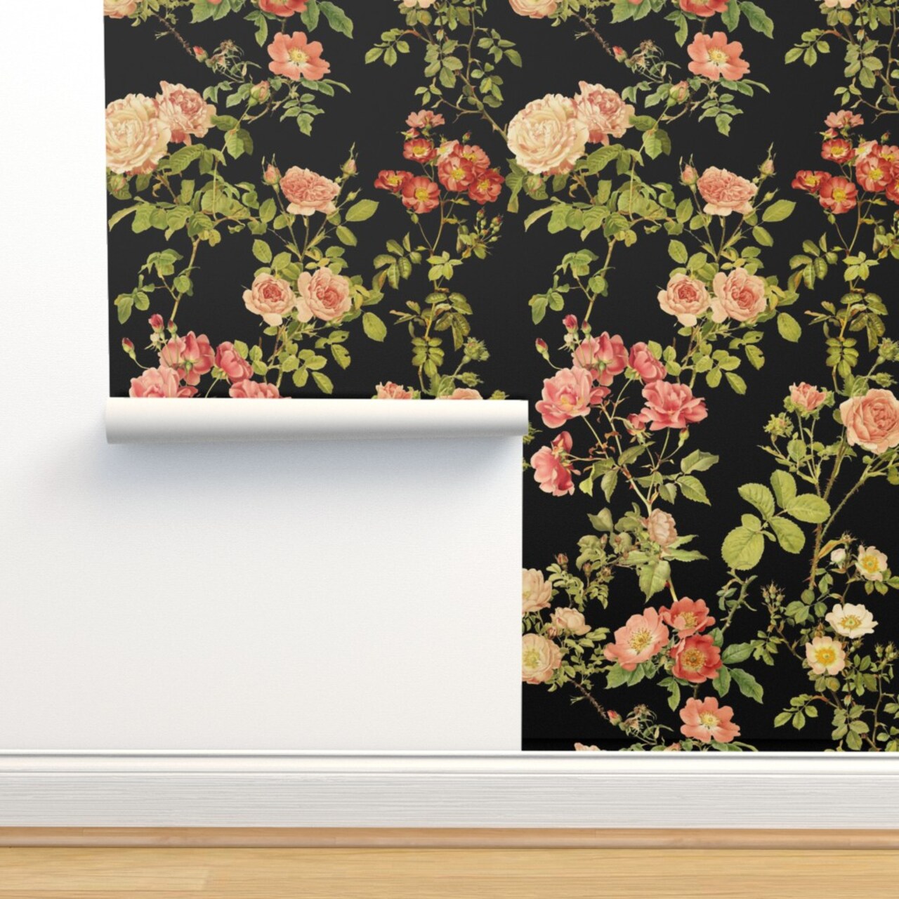 Moody Floral Rose Flower Vintage Victorian Black English Dark Custom Removable Wallpaper by Spoonflower Peel & Stick Wallpaper 2FT Wide